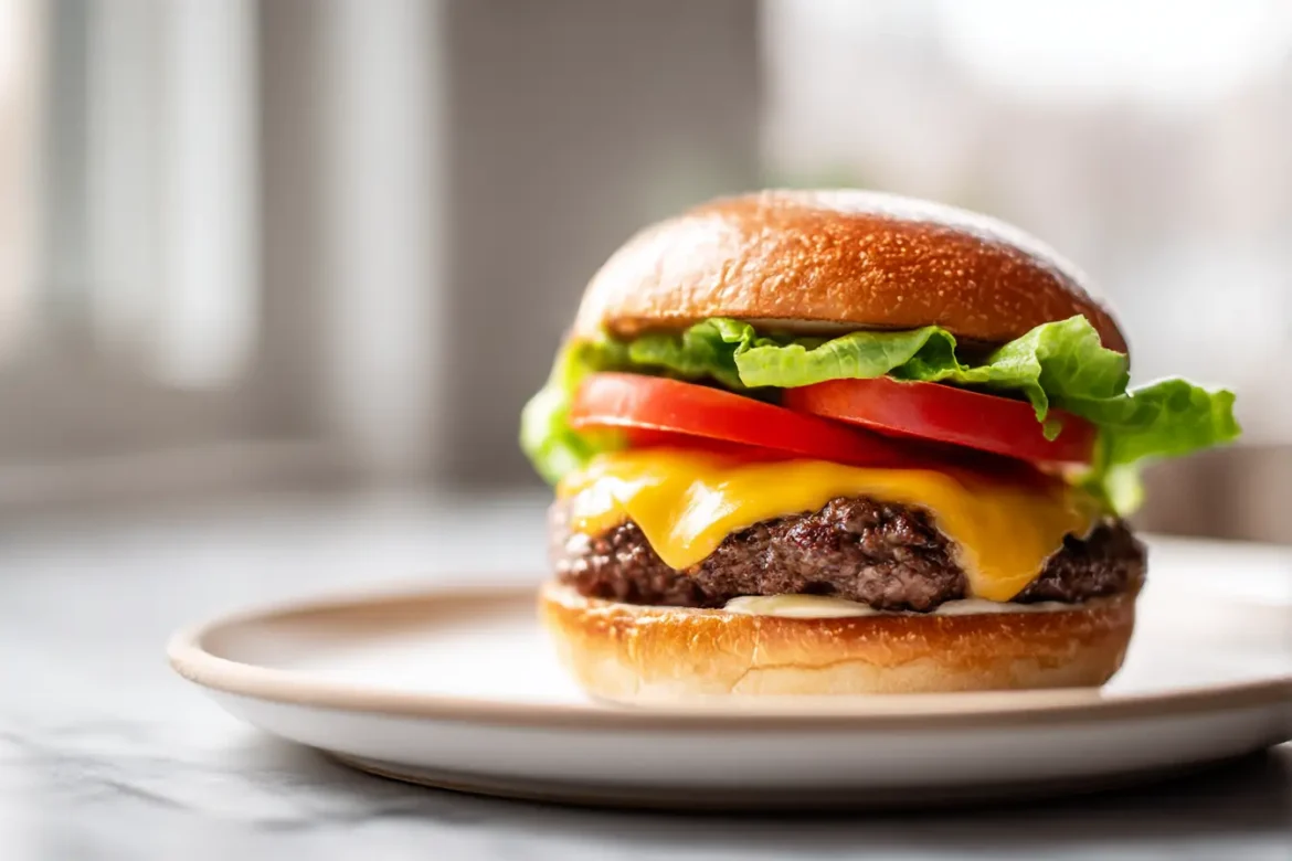 Ravitseva airfryer hampurilainen, täydellinen paistopinta ja mehukas täyte.