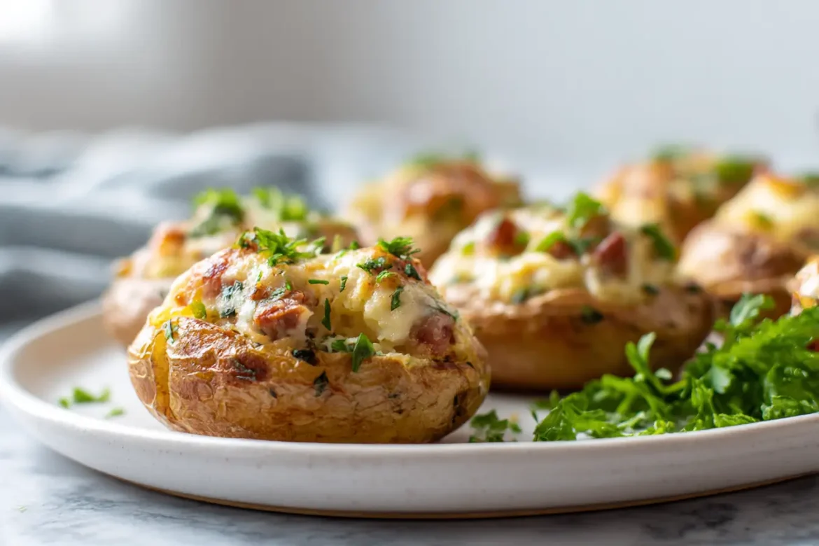 Täytetyt perunat joulukinkun kanssa airfryerissa, herkullinen ja kauniisti paistunut ruoka