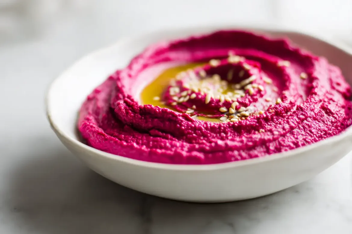 Värikäs punajuurihummus airfryerissa, täydellinen dippailuun tai levitteeksi.