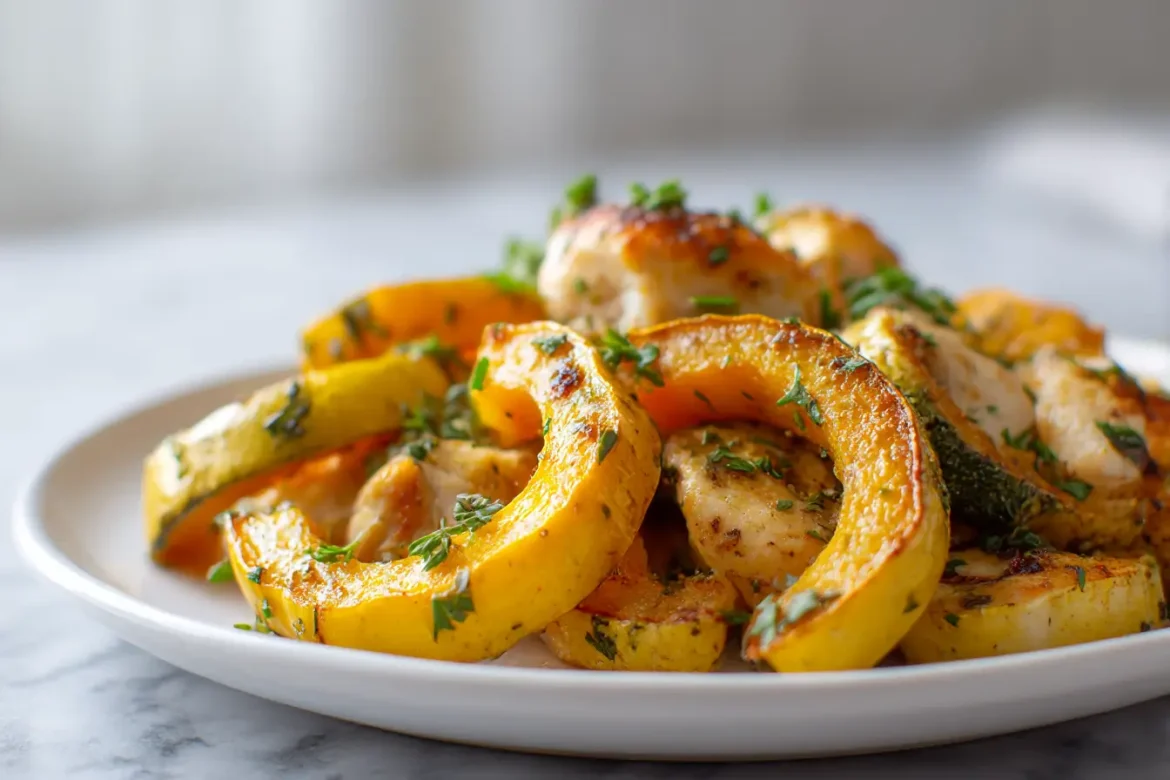 Talvikurpitsa ja kana airfryerissa, herkullinen ja terveellinen ruoka.