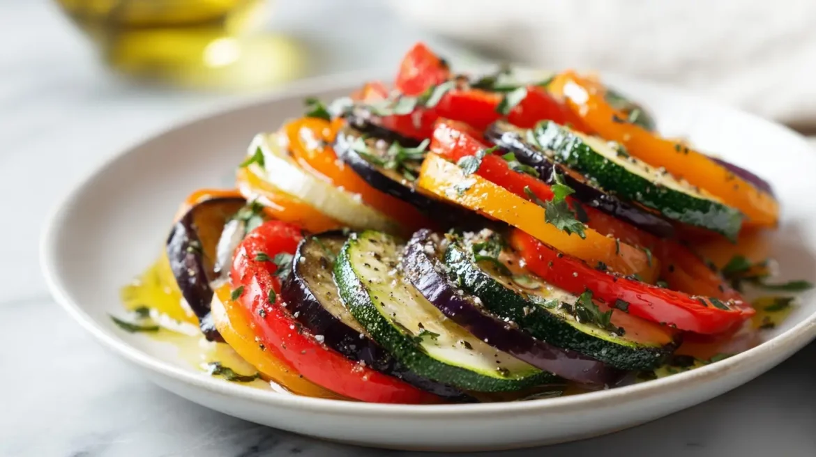 Ratatouille airfryerissa, täynnä makuja ja värejä.