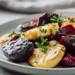 Maukas punajuuri-halloumipaistos airfryerissa, ruskistunut pinta ja pehmeä sisus.