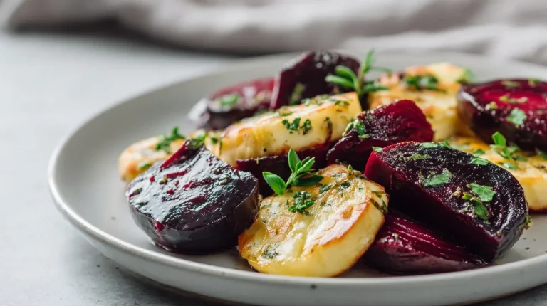 Maukas punajuuri-halloumipaistos airfryerissa, ruskistunut pinta ja pehmeä sisus.