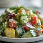 Ravitseva tilli-perunasalaatti airfryerissa valmistettuna, herkullinen väri ja maku.