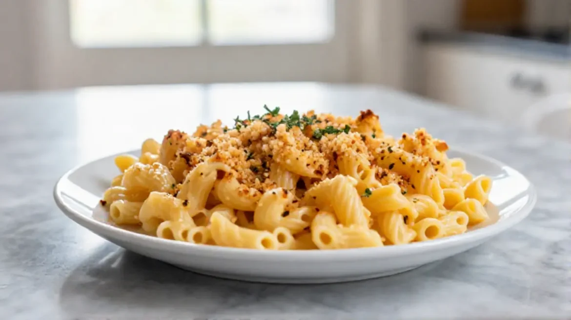 Maukas makaronilaatikko airfryerissa, jossa juusto on kauniisti sulanut ja pinta kullanruskea.