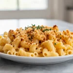 Maukas makaronilaatikko airfryerissa, jossa juusto on kauniisti sulanut ja pinta kullanruskea.