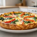 Homemade airfryer frittata, täynnä herkullisia kasviksia ja juustoa.