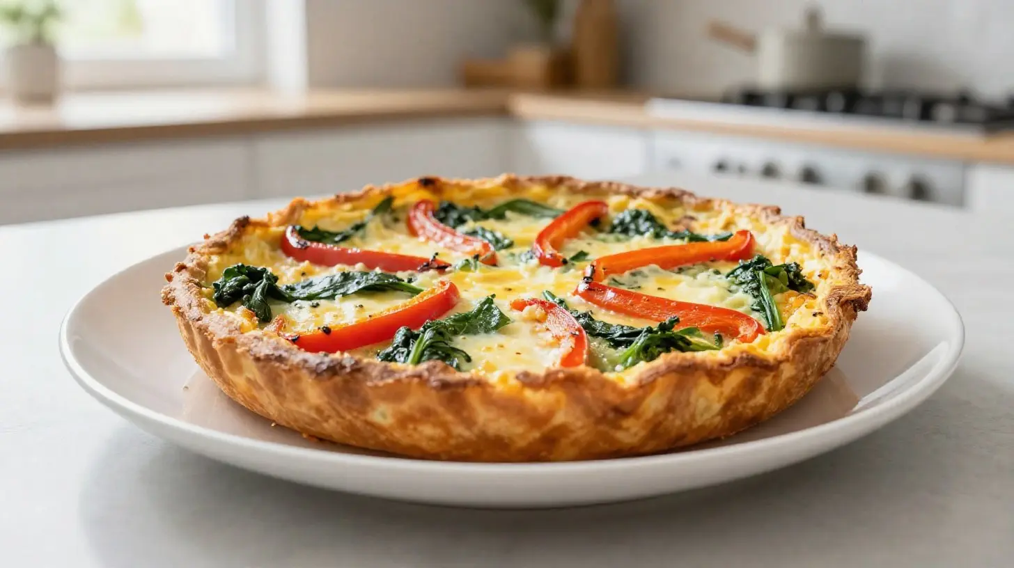 Homemade airfryer frittata, täynnä herkullisia kasviksia ja juustoa.
