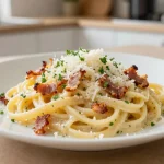 Herkkullinen pasta carbonara airfryerissä valmistettuna.