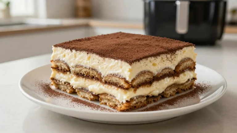 Herkullinen tiramisu valmistettuna airfryerissa, joka houkuttelee makujaan.