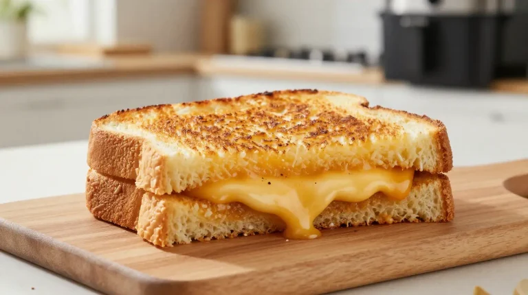 Airfryer grilled cheese Mehevä airfryer-juustovoileipä kullanruskealla pinnalla.