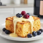 Ihana airfryer-leipapudding maukkaalla kastikkeella.