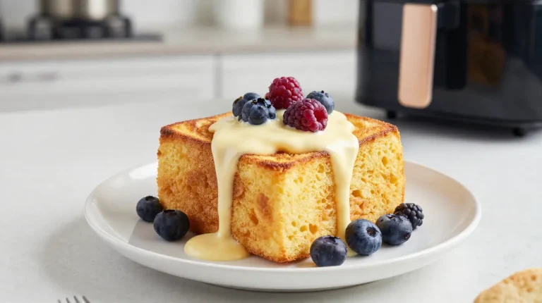Airfryer bread pudding Ihana airfryer-leipapudding maukkaalla kastikkeella.