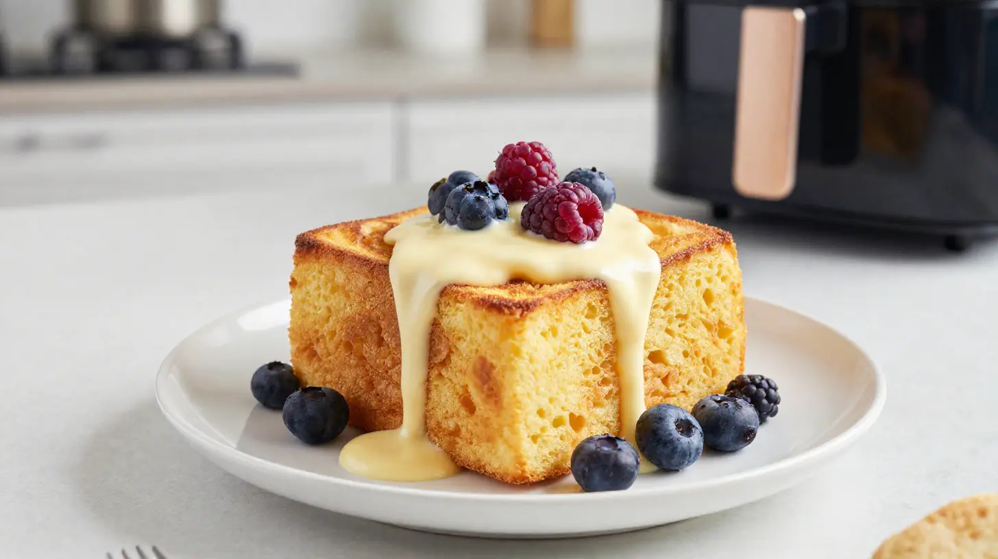 Ihana airfryer-leipapudding maukkaalla kastikkeella.